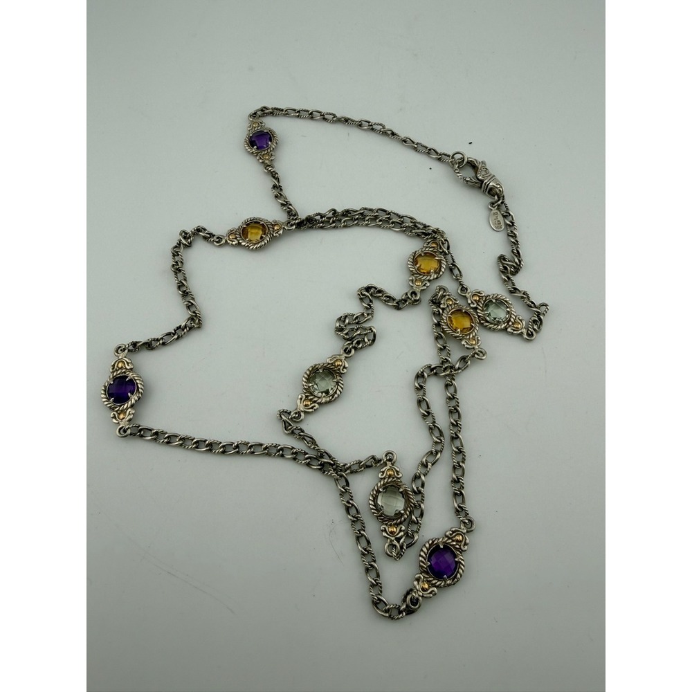 Robert Manse Station Necklace 925 Silver‎ & 18k Gold Multi-Gemstone Designer - Picture 2 of 10